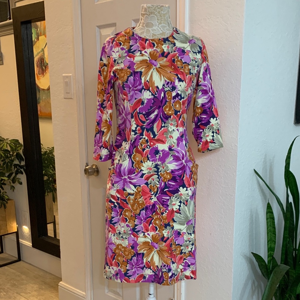 J.McLaughlin Catalyst Palmer Floral Shift Dress M Pockets Stretch 3/4 Sleeve - Picture 2 of 9